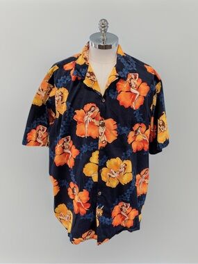 Vintage Hilo Hattie Pin Up Girls Hawaiian Shirt 3XL Hibiscus Novelty Print Navy